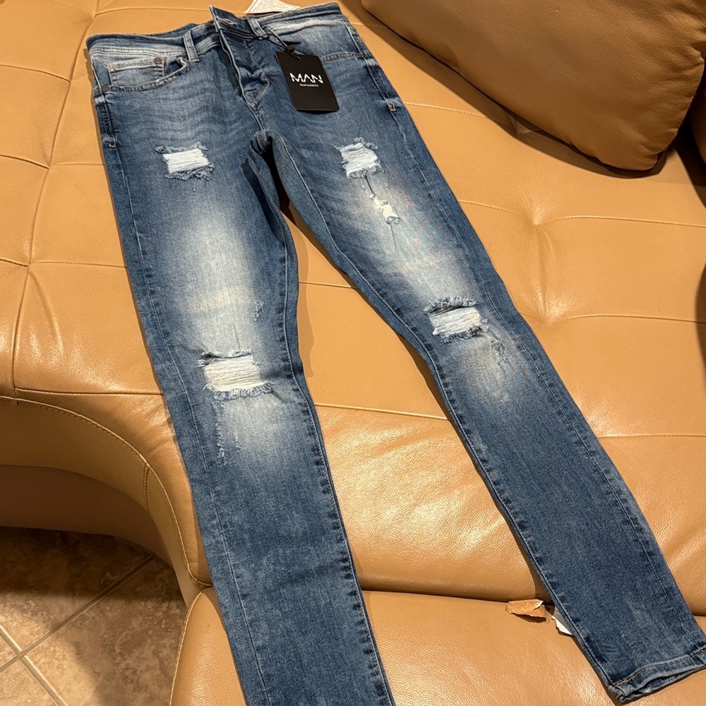 Boohoo Mens Distressed Blue Skinny Jeans